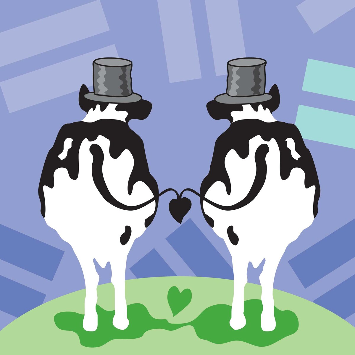illustrated cows, hills, and clouds